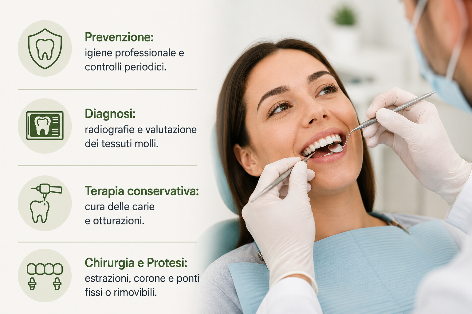Prevenzione: igiene professionale e controlli periodici. Diagnosi: radiografie e valutazione dei tessuti molli. Terapia conservativa: cura delle carie e otturazioni. Chirurgia e Protesi: estrazioni, corone e ponti fissi o rimovibili.